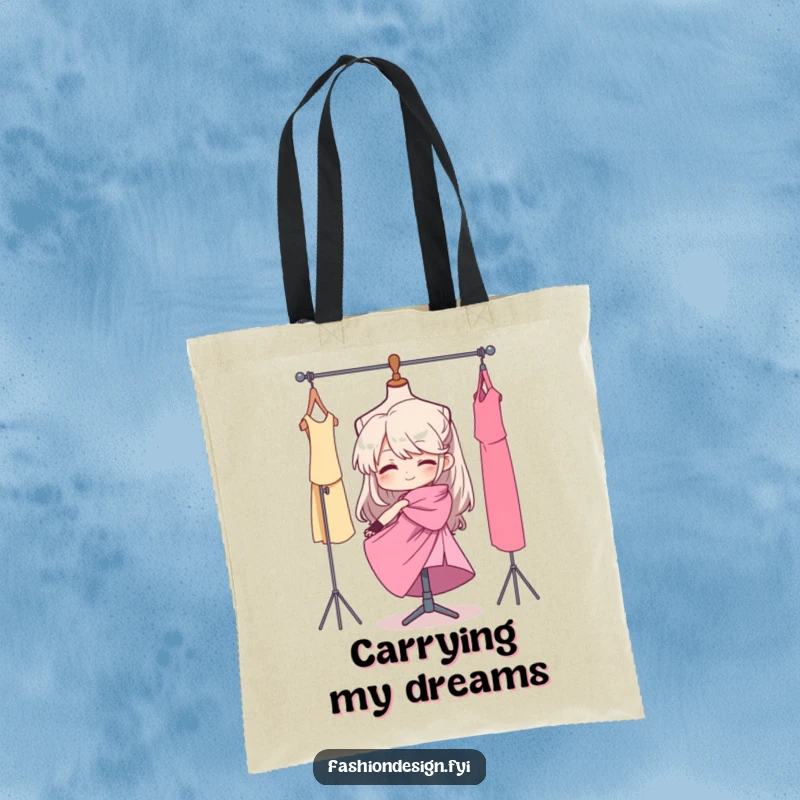Funny tote bag depicting a determined character elegantly draping cloth on a mannequin, perfect for artists and designers.