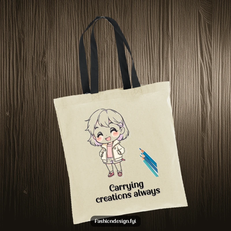 Funny tote bag with a cheerful character sketching a fashion design, highlighting creative energy and artistic passion.