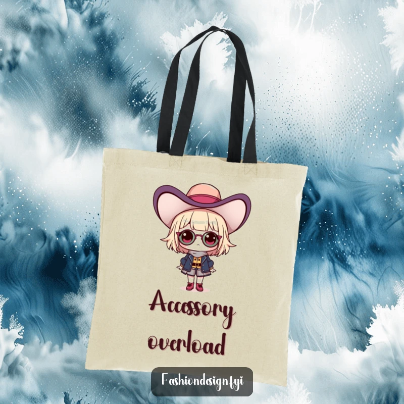 Funny tote bag featuring a proud fashionista character with an extravagant hat, perfect for carrying daily essentials with flair.