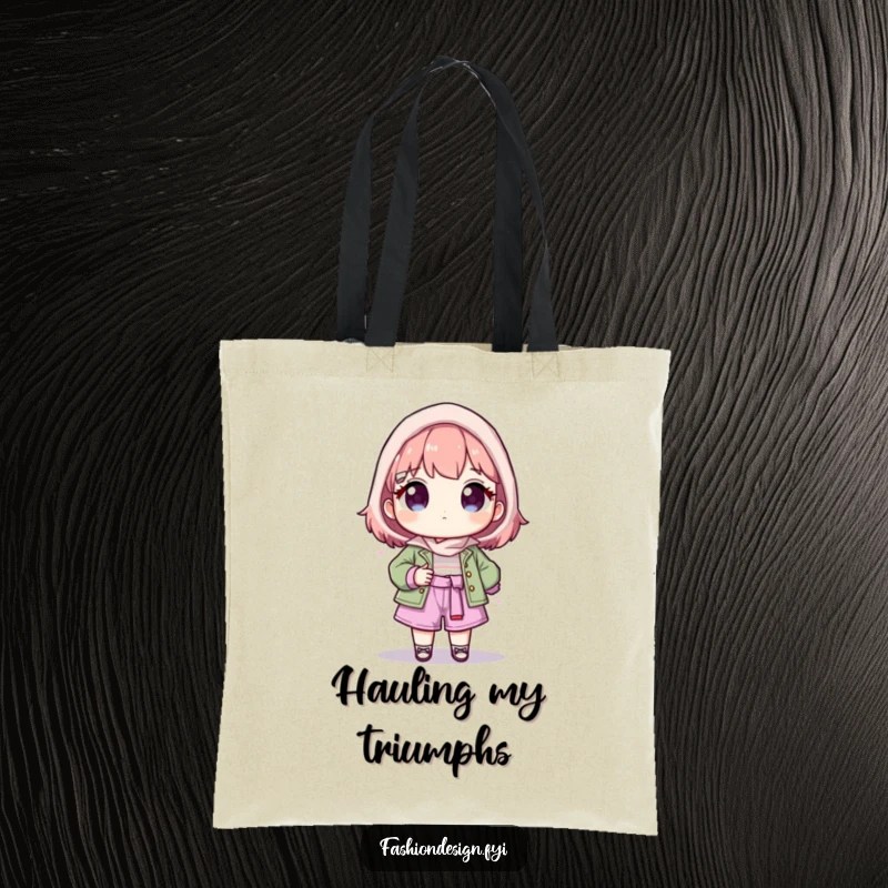 Funny tote bag featuring a proud character presenting their amazing finished fashion creation, perfect for designers on the go.