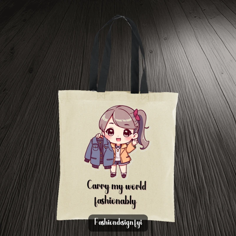 Funny Tote Bag: Stylish character proudly holding up a new fashionable garment, showcasing style and a sense of humor.