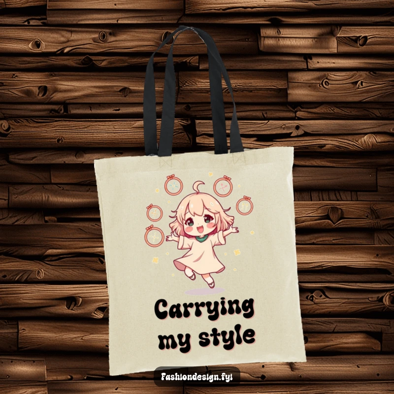 Funny tote bag featuring a character doing a happy dance surrounded by floating mannequins, perfect for shopping.