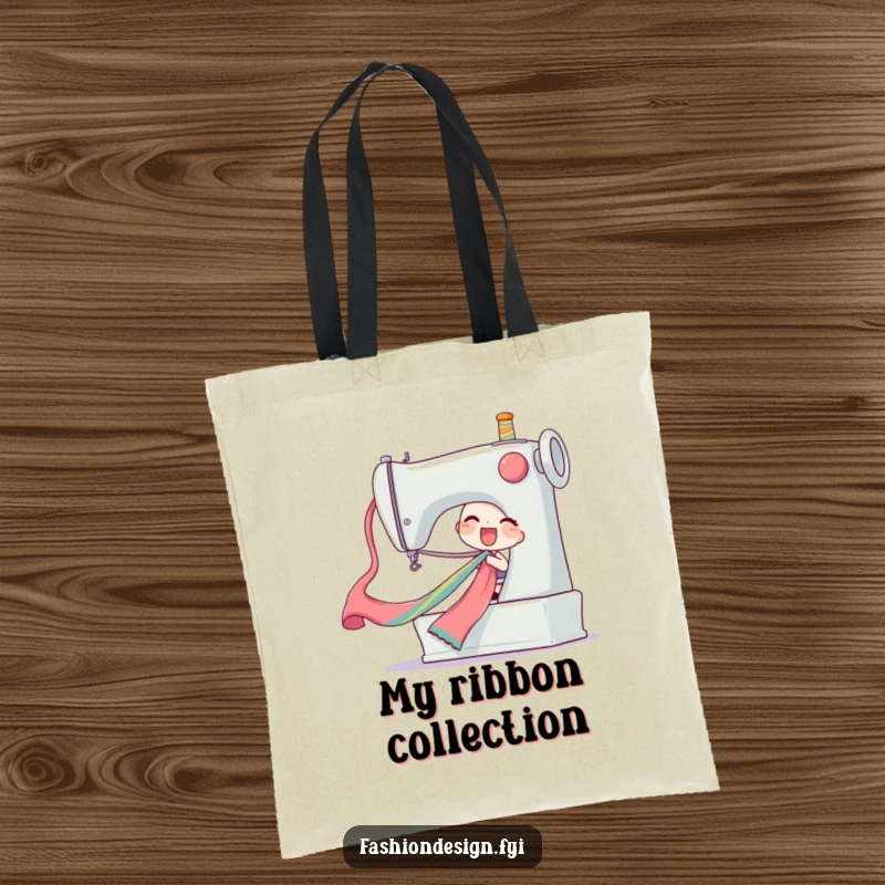 Funny ribbon pull tote bag depicting a delighted character pulling a long colorful silk ribbon from a giant sewing machine, practical funny gift.