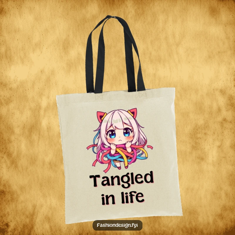 Funny tote bag showing a character comically tangled in colorful ribbons with a look of playful frustration.