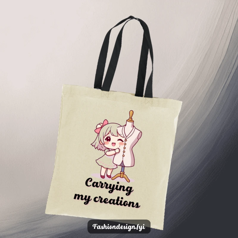 Funny seamstress tote bag featuring a character happily pinning fabric to a mannequin, perfect for carrying sewing supplies with style.