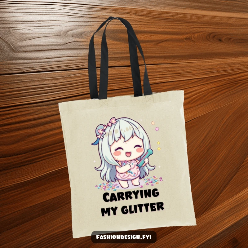 Funny tote bag showing a lighthearted character happily gluing sequins, perfect for carrying supplies with a shiny flair.