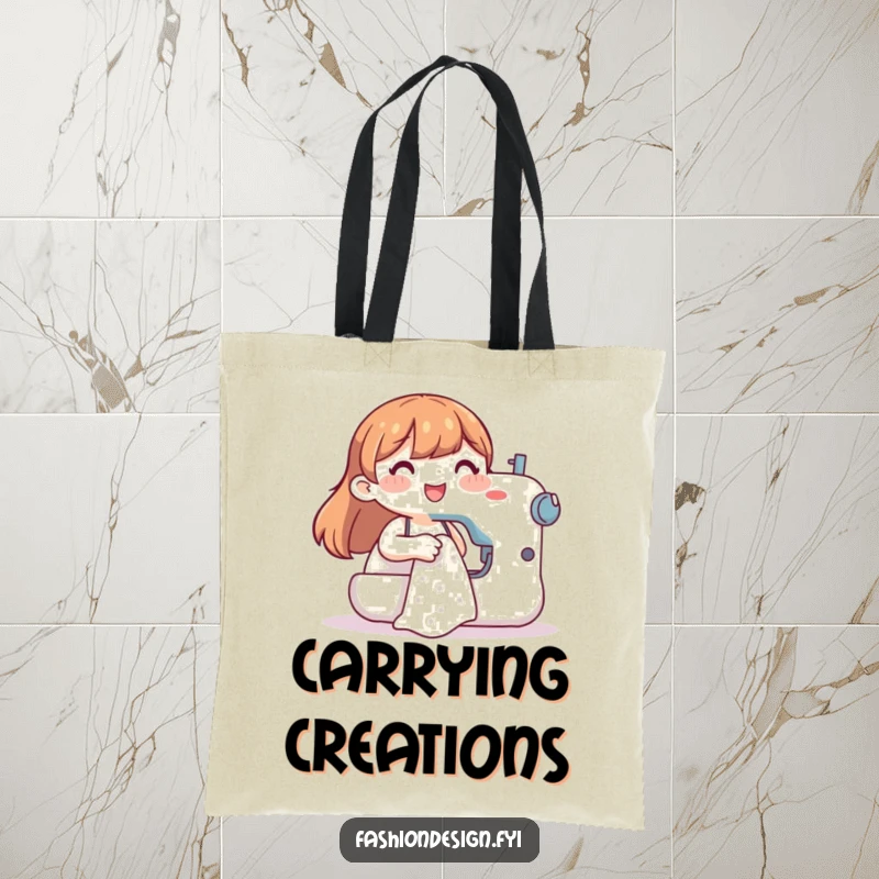 Funny tote bag illustrating a happy character sewing a garment, perfect for carrying supplies with a touch of crafting humor.