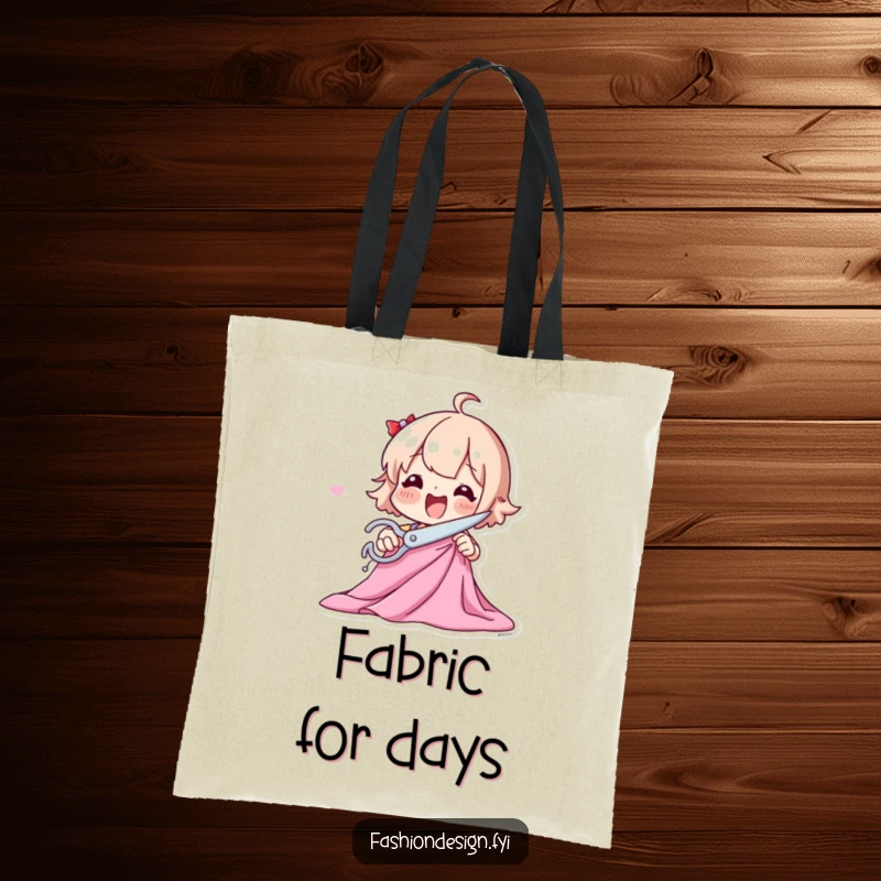 Funny tote bag featuring a playful character excitedly cutting fabric with large scissors, perfect for sewing enthusiasts.