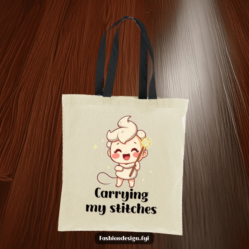 Funny tote bag with a cheerful character holding a giant sparkly needle, perfect for carrying craft supplies with flair.