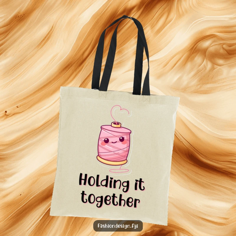 Funny tote bag with a cheerful spool of thread spinning, perfect for carrying sewing notions or daily essentials with style.