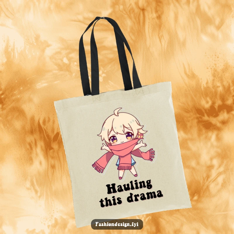 Funny tote bag featuring a playful character striking a dramatic pose with a flowing scarf, highlighting theatrical flair.