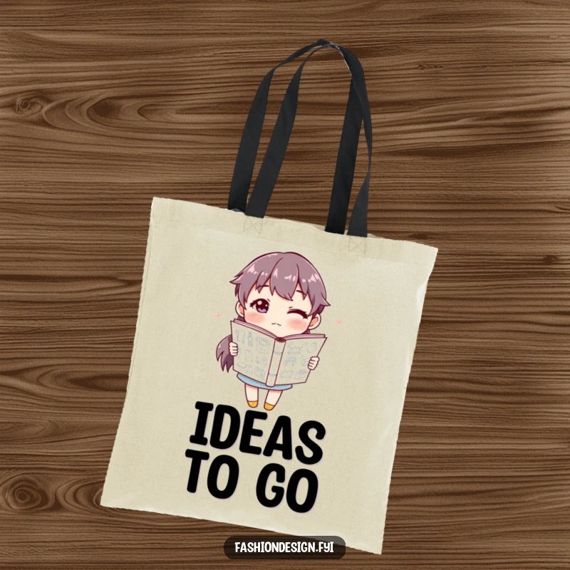 Funny Tote Bag of a winking character holding a sketchbook brimming with creative designs, ideal for artists.
