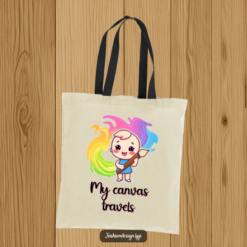 Funny tote bag showcasing a smiling artist character using a large paintbrush to create vivid and dynamic colorful swirls.