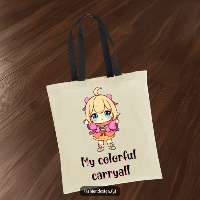 Funny Tote Bag: Character proudly displaying a colorful, uniquely designed outfit, ideal for carrying essentials in style.