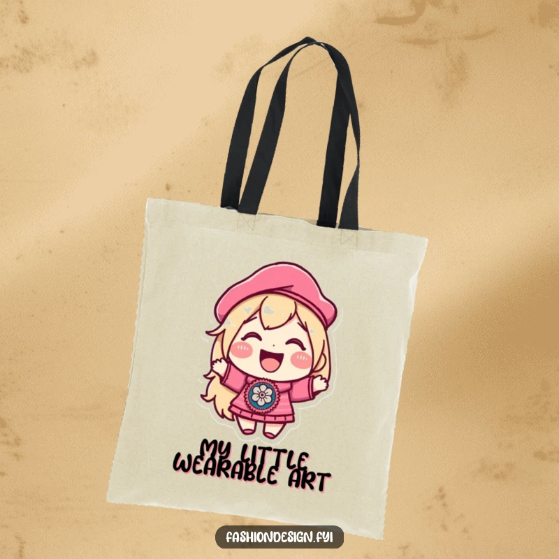 Funny tote bag featuring a joyful character in a beret, proudly showcasing a beautifully embroidered patch, perfect for stylish and functional carrying.