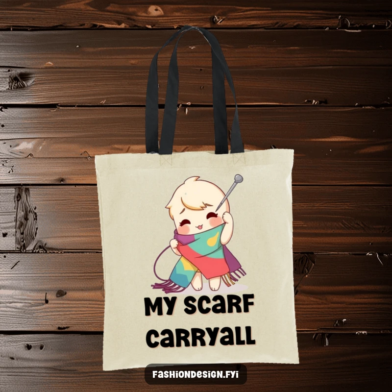 Funny zig-zag stitch tote bag depicting a playful character using a giant needle to create an exaggerated stitch on a vibrant scarf, practical funny gift.