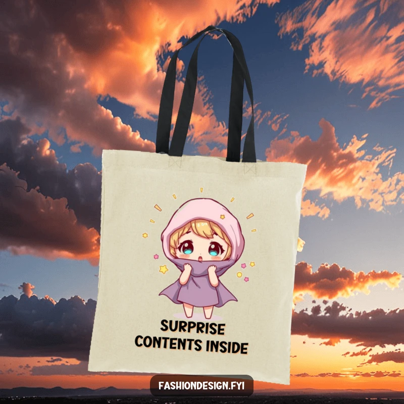 Funny Tote Bag: Character looks surprised as a fabric swatch magically transforms, ideal for carrying magical finds.